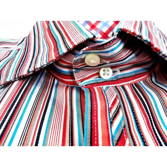 Thomas Dean Size Large Mens Multi Stripe Embroidered Logo Spread Collar Shirt - Picture 8 of 11